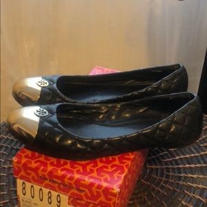 Tory Burch Black and Gold Quilted Flats
